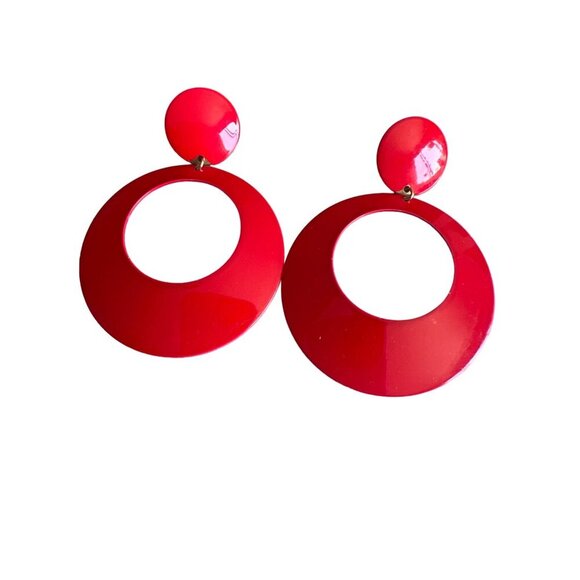 Vintage Red Dangle Pierced Earrings Enamel Hoops July 4 Memorial Day Summer RED - Picture 2 of 11
